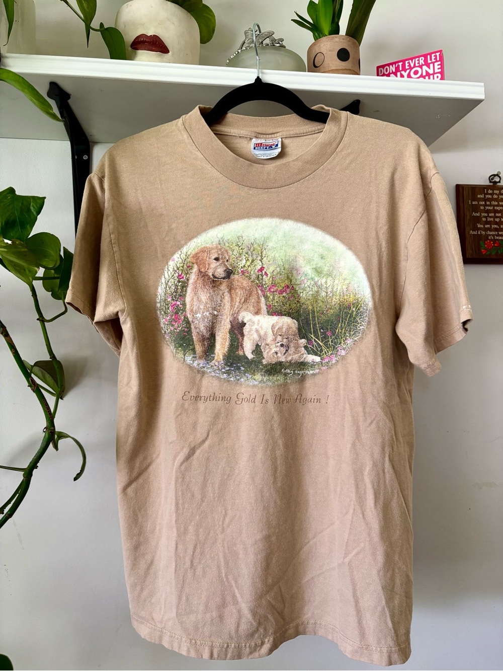 Hanes Beige Short-Sleeve Tee with Golden Retriever Art